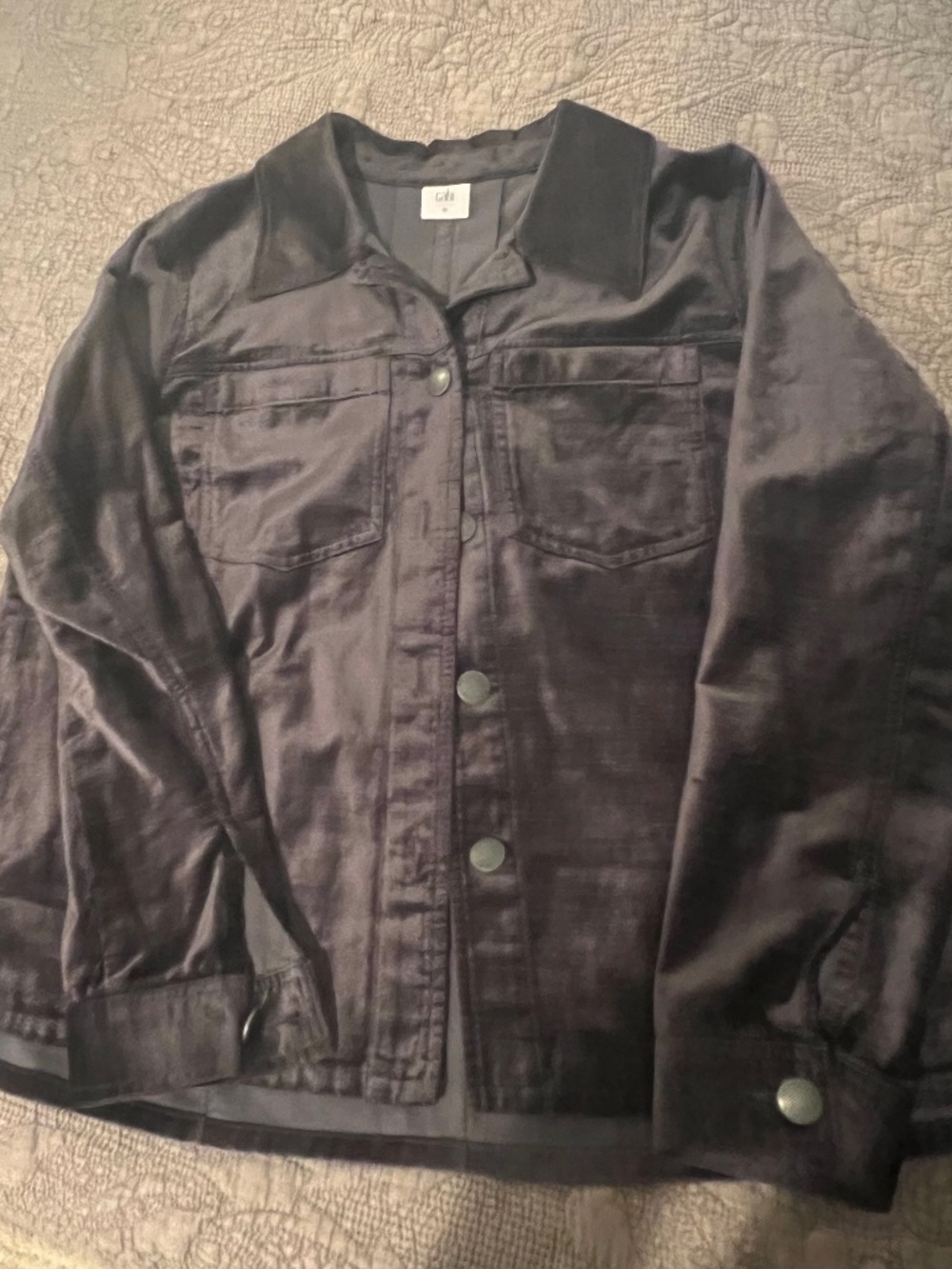 CAbi Velour Jean Jacket Textured Buttons in Gray Blue w/ Front Pockets-Pleat